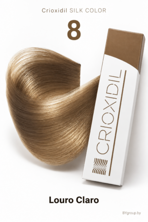 Crioxidil SILK COLOR 8 «Louro Claro» — крупный образец пряди волос и тюбик красителя, белый студийный фон, BYgroup.by