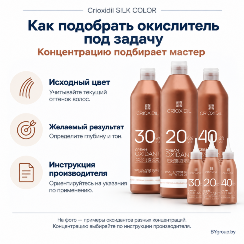 Crioxidil SILK COLOR — как подобрать окислитель под задачу, примеры оксидантов разных концентраций, концентрацию выбирает мастер по инструкции производителя.